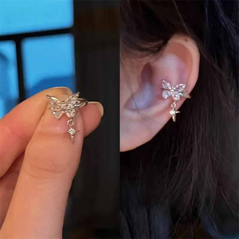 2PCS Sliver Color Butterfly Star Star Ear Clip Bone Nail New Fashion Earrings for Women No Drilling Cochlea Anti-allergy Gift