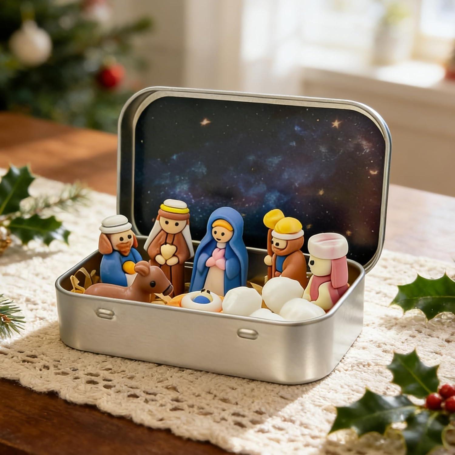 

Tiny Christmas Nativity Set, Pocket Sized Nativity Scene Gift Box, Resin Nativity Set with Figurines, Christmas Decoration, Home Gift Decoration чорний