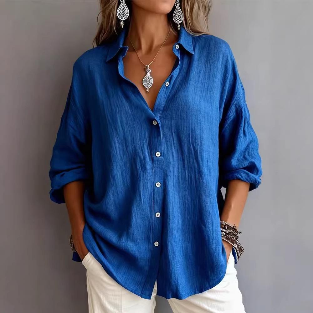 European Women's Single-Breasted Casual Long Sleeve Cardigan - Solid Color, Loose Fit, Fashionable Lapel Style.