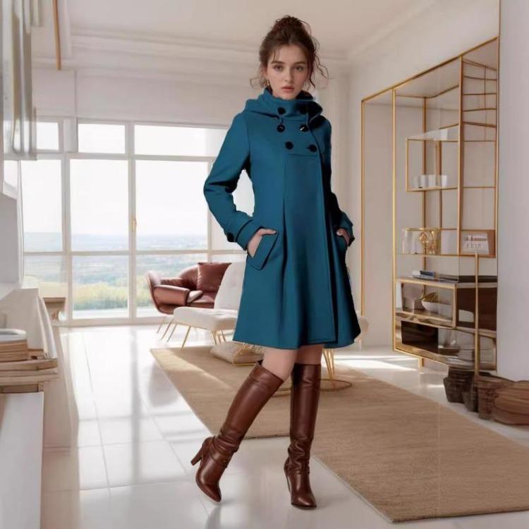 Women Hooded Woolen Coat Medium Long Warm Winter Jacket S