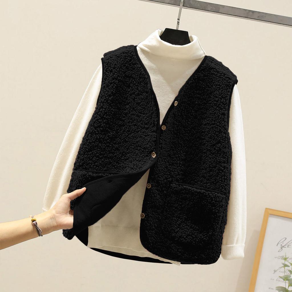 Women's V Neck Sleeveless Fleece Vest Loose Fit Casual Warm Waistcoat Jacket