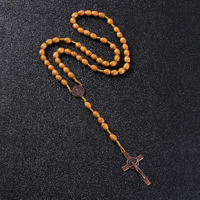 1 ST Handgemaakte Geweven Sint Benedictus Medaille Antiek Houten Rozenkrans Kruis Ketting Vintage Katholiek Religieus Jezus Sieraden