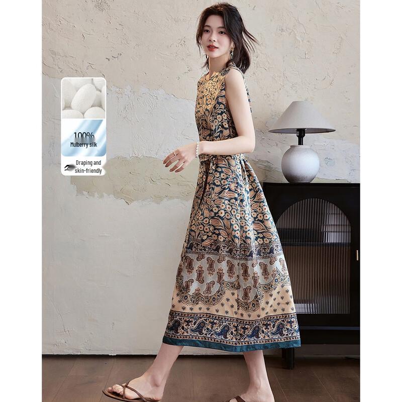 

Dermana Silk Story Women s Printed Mulberry Silk Straight Dress M