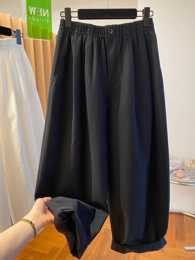 White Korean Style Women's Spring Casual Elastic Waist Wide Leg Pants