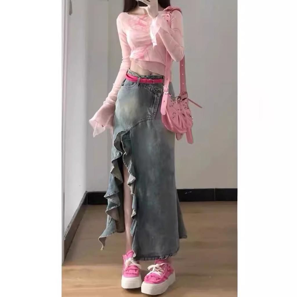 Retro Nepravidelná Džínová Sukně Střední Délky pro Ženy V Létě Nová Vlna Rozparek Vysoký Pas Rybí Ocas