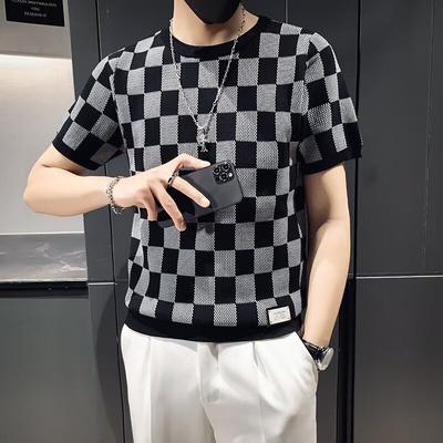 New Summer Versatile Knitted T-Shirts Ins Short-sleeved Fashionable Thin Plaid Hollow Slim Round Neck Trendy Top
