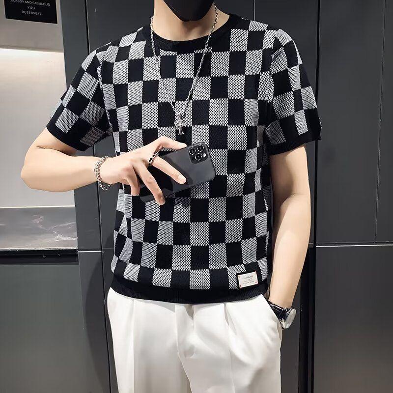 New Summer Versatile Knitted T-Shirts Ins Short-sleeved Fashionable Thin Plaid Hollow Slim Round Neck Trendy Top