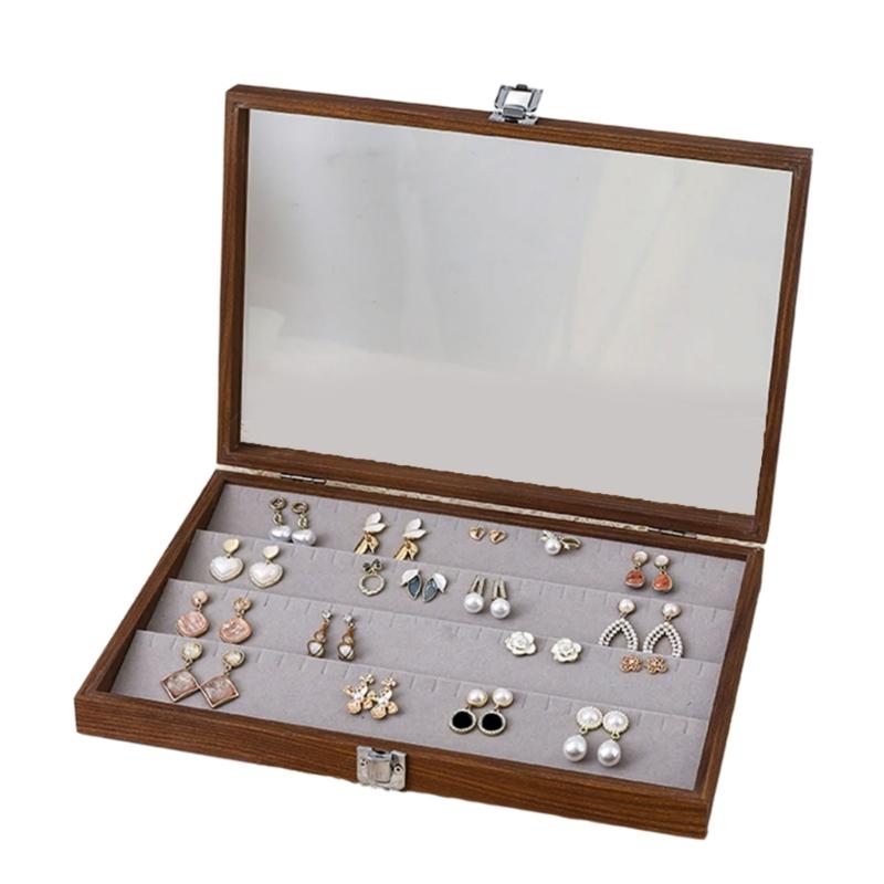 Chic Wood Earring Holder with Lid Wood Jewelry Collection Box with Partitions and Lid Elegant Presentation Tray