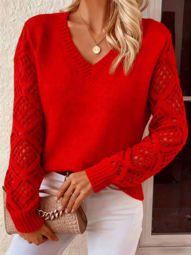 V-Neck Crochet Jacquard Sweater: Women's Loose Fit, Long Sleeve Pullover for Spring & Autumn