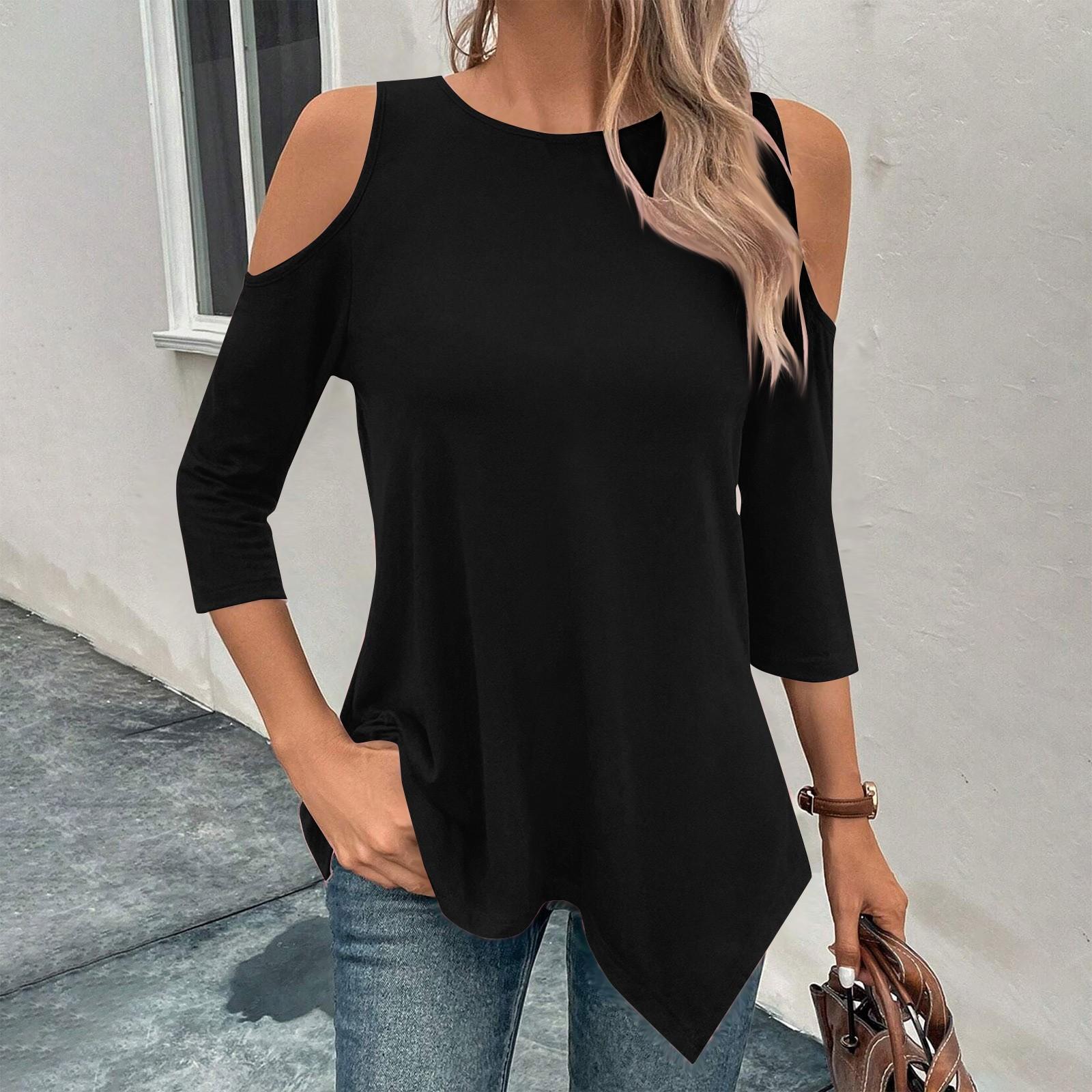 

Рубашки с рукавами 3/4 для женщин, однотонная футболка с нерегулярным подолом и открытыми плечами на весну/лето, повседневные базовые топы, пуловер XXXL чёрный
