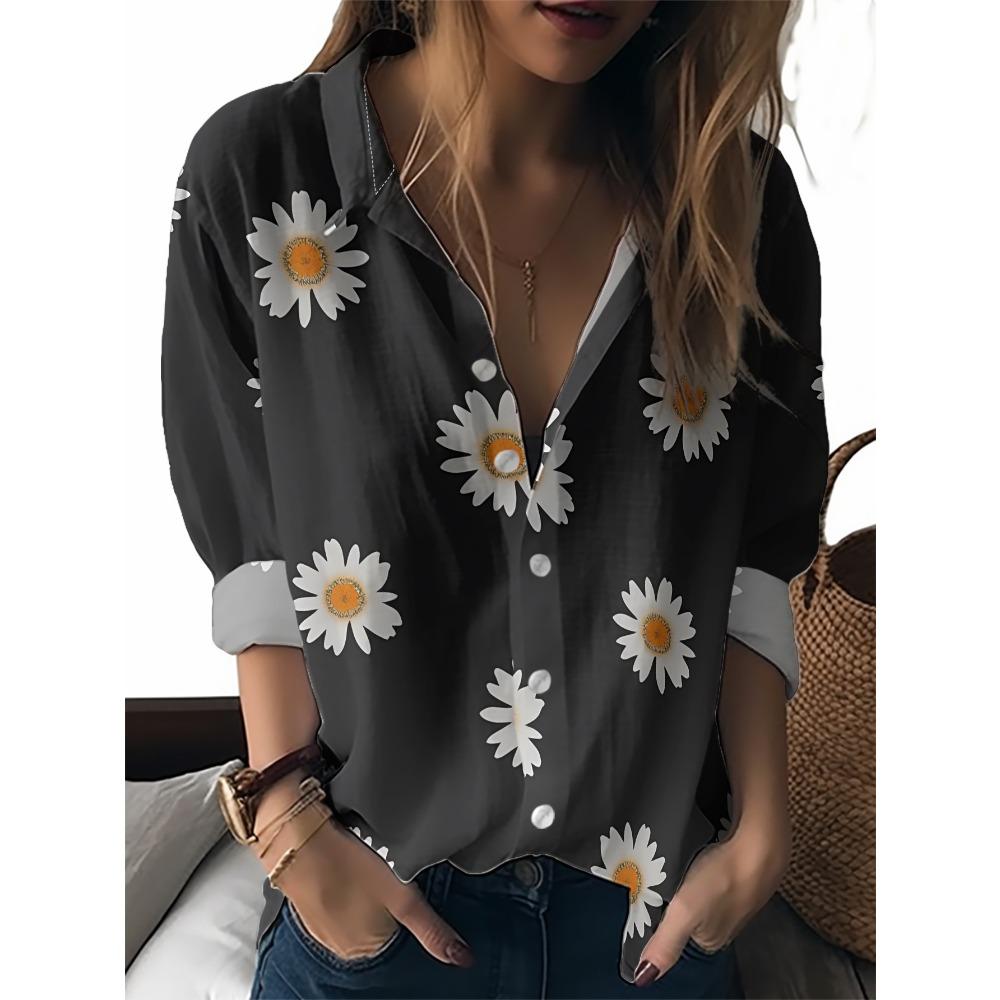 Summer Minimalist Shirt with Floral Digital Print Button Up Shirt Top for Women's Hawaiian Beach Vacation Casual Shirt