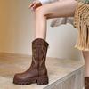 Retro Soft Leather Thick Sole Western Cowboy Mid-Calf Boots for Women, Autumn/Winter Martin Style