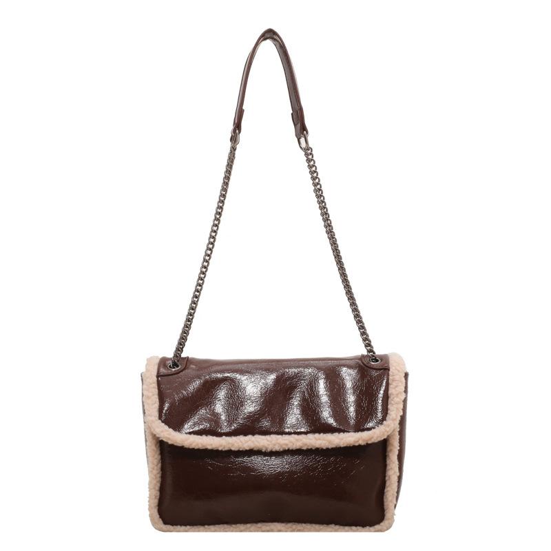 Women's Shoulder Bag Autumn Winter Fashion Lamb Wool PU Splicing Crossbody Bags Large Capacity Oil Wax Leather Chain Handbags