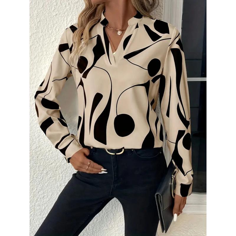 Women's Printed Cut-out Collar Long Sleeve Casual Top