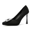 Celebrity rhinestone square buckle high heels women's waterproof table thin heel pointed single shoes black suede professional commuter work shoes