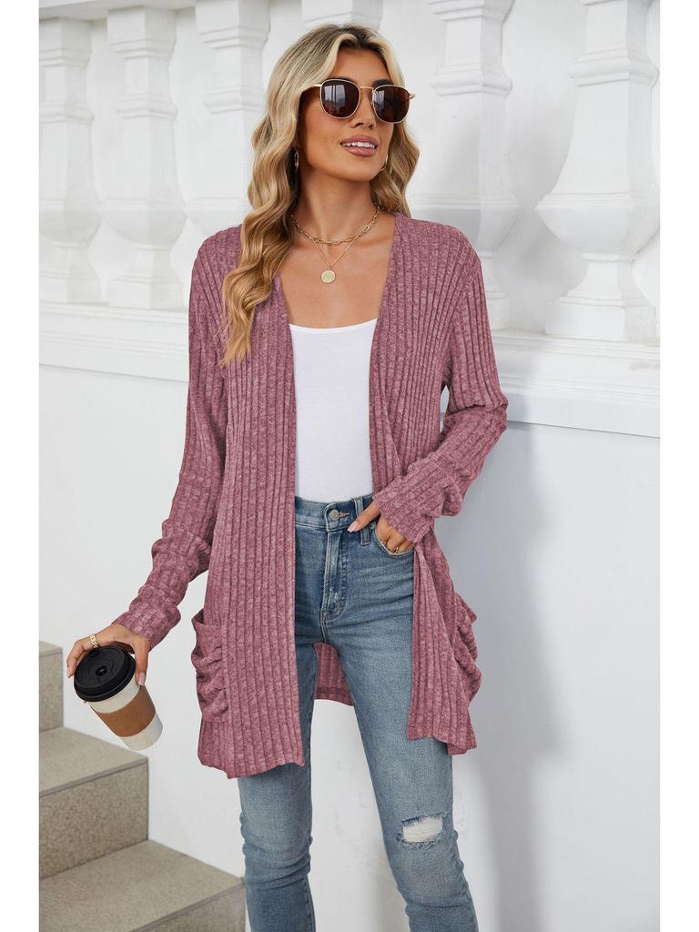 2024 Autumn/Winter Solid Color Long-Sleeve Pocket Cardigan Knitwear