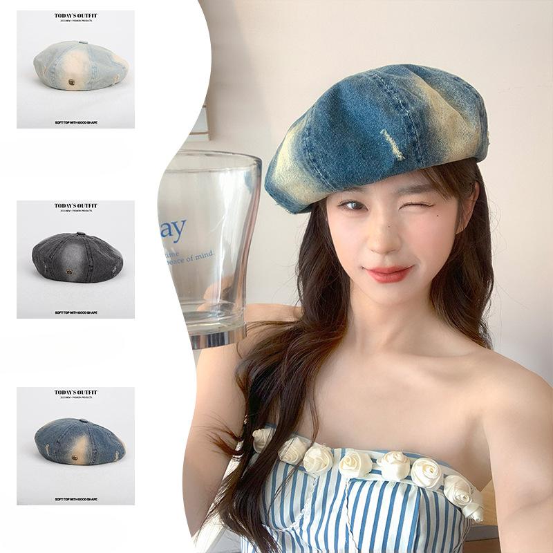Japanese High end Denim Gradient Beret Ripped Denim Beret Vernacular Retro Versatile Old Painter Hat