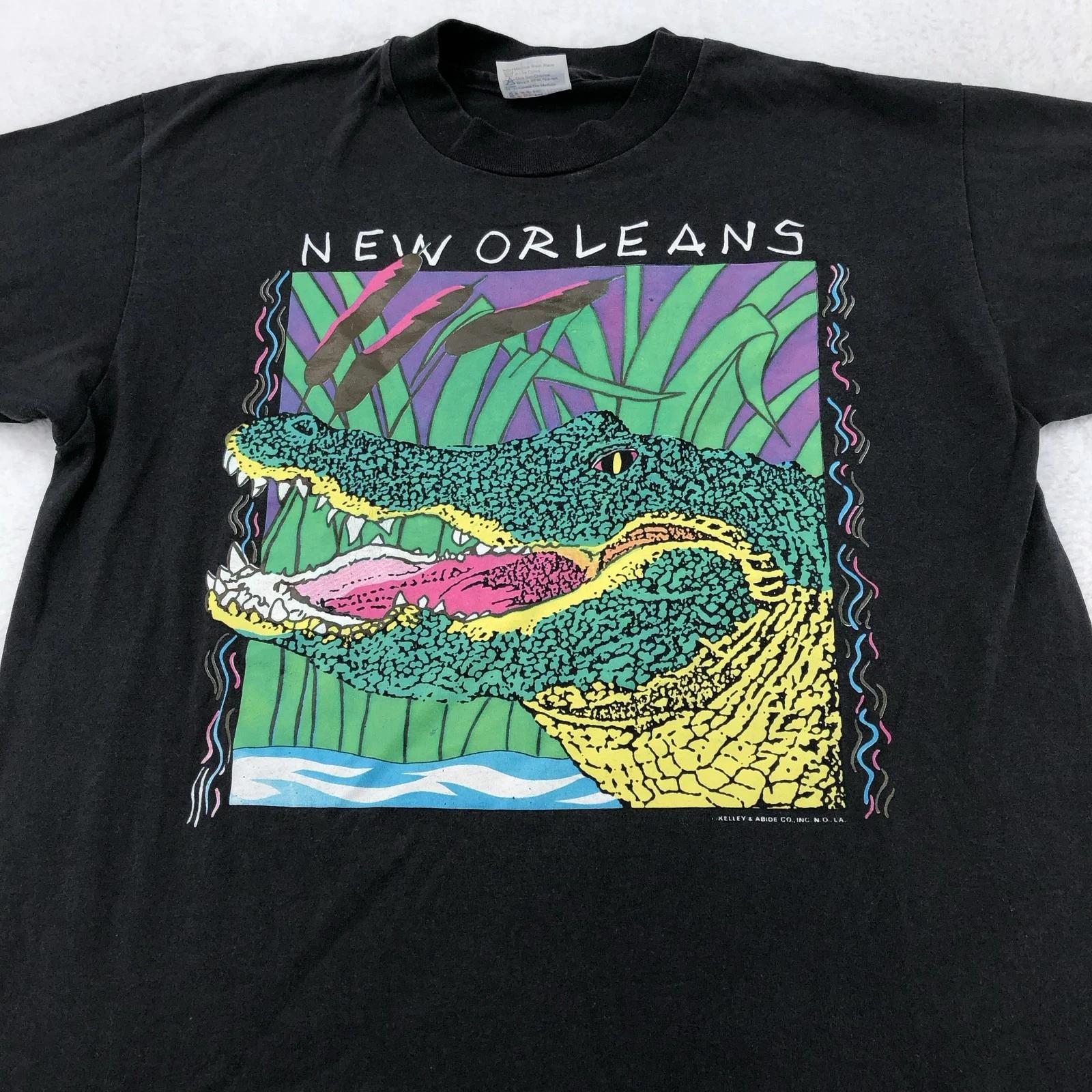 Vintage New Orleans Shirt Mens M/L Black Alligator Graphic 90s Made USA Tee M