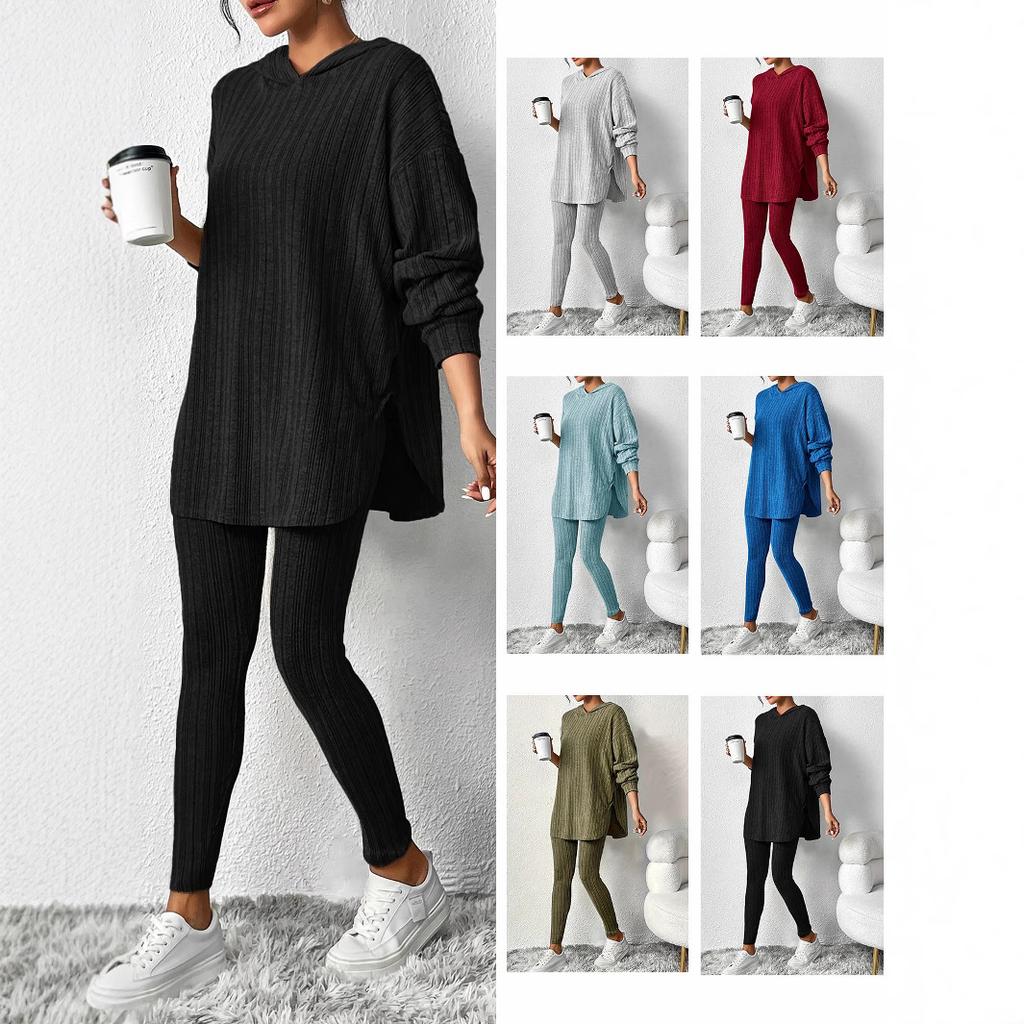 2025 Autumn and Winter Women's Pit Loose Hooded Long Sleeve Casual Pants Threaded Suit