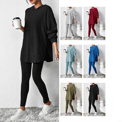 2025 Autumn and Winter Women's Pit Loose Hooded Long Sleeve Casual Pants Threaded Suit