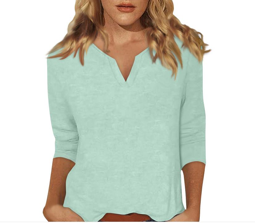 2025 Women's V-Neck 7-Point Sleeve Solid Color T-Shirt