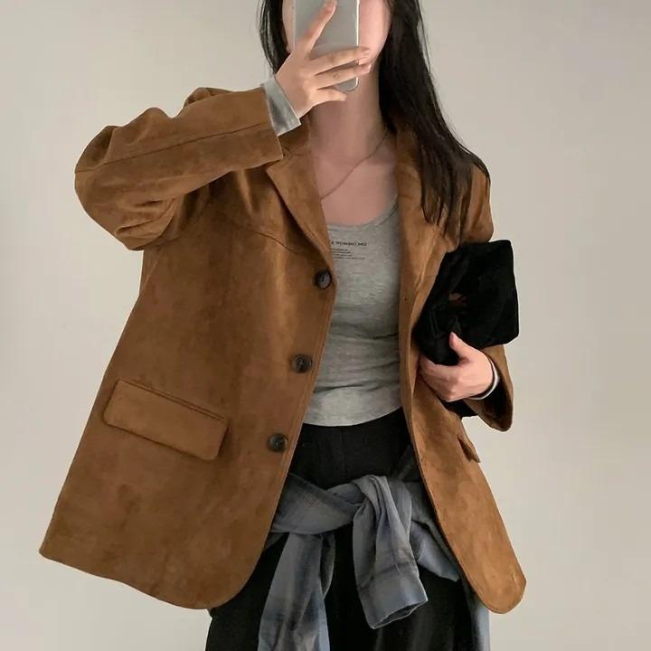 Vintage Korean Style Autumn Blazer Women Loose Fit Long Sleeve Coat with Double Pockets Elegant Office Wear