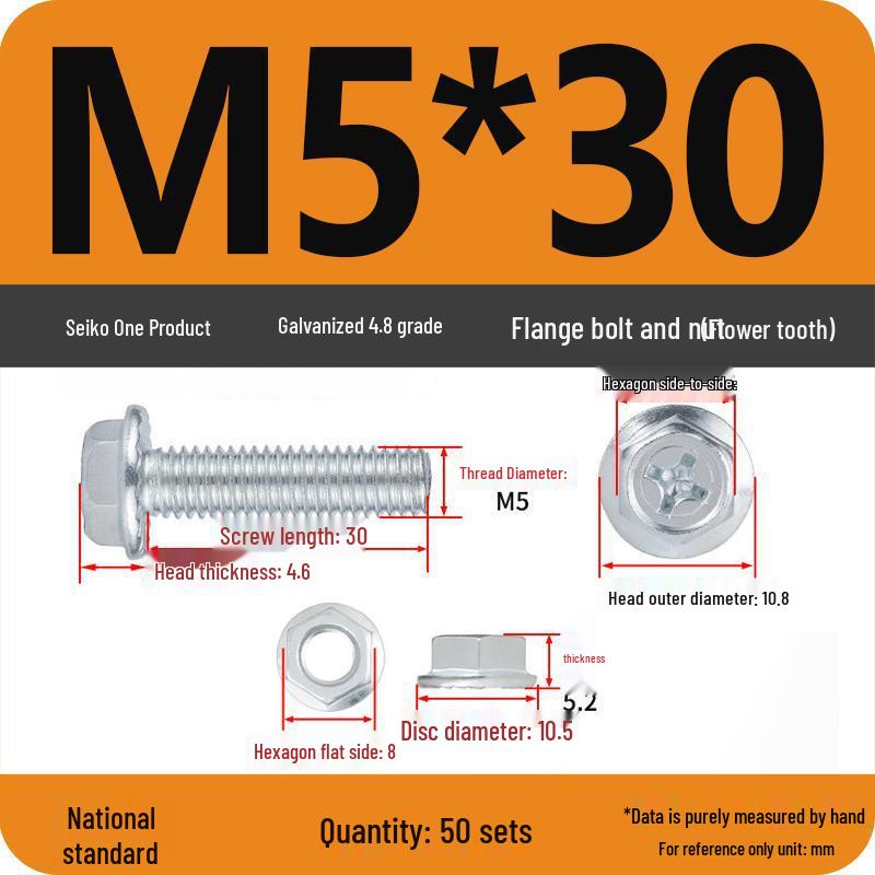 Galvanized Hex Head Bolt & Nut Sets with Washers - Anti-slip (M4/M5/M6/M8, 4.8 Grade)