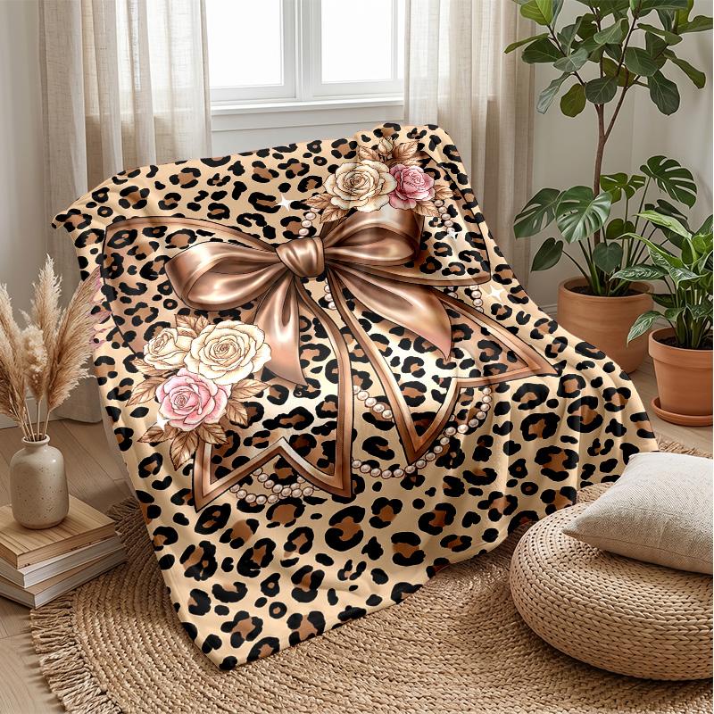 Leopard Print Bow Design Theme Blanket Lightweight Warm Flannel Blanket Decorative Throw Blanket for Home Decoration