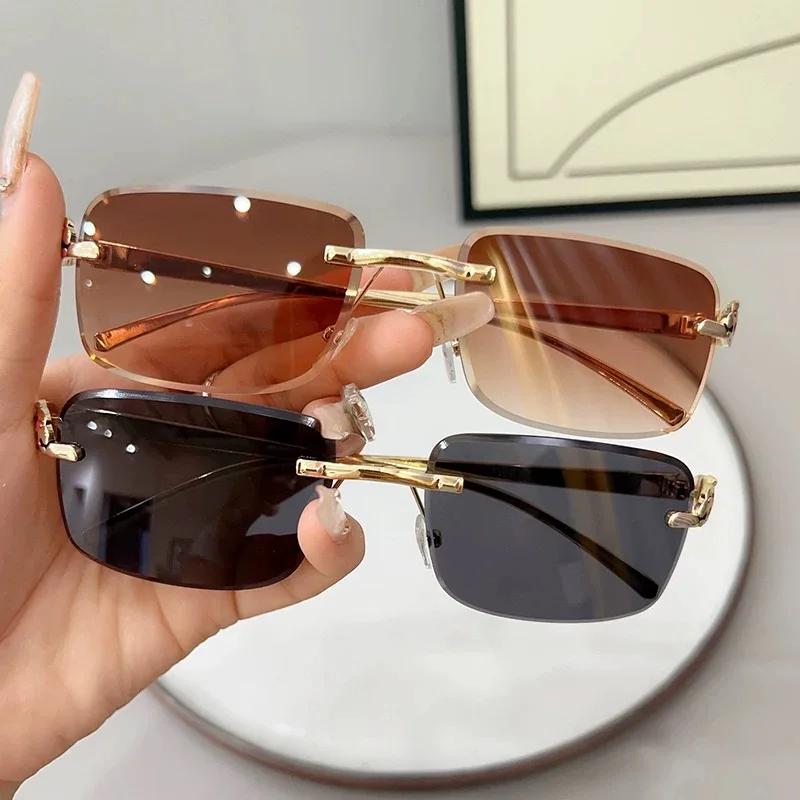 Rimless Punk Vintage Square Sunglasses Women For Men Luxury Brand Designer Sun Glasses Popular Metal Leopard Head Shades Uv400