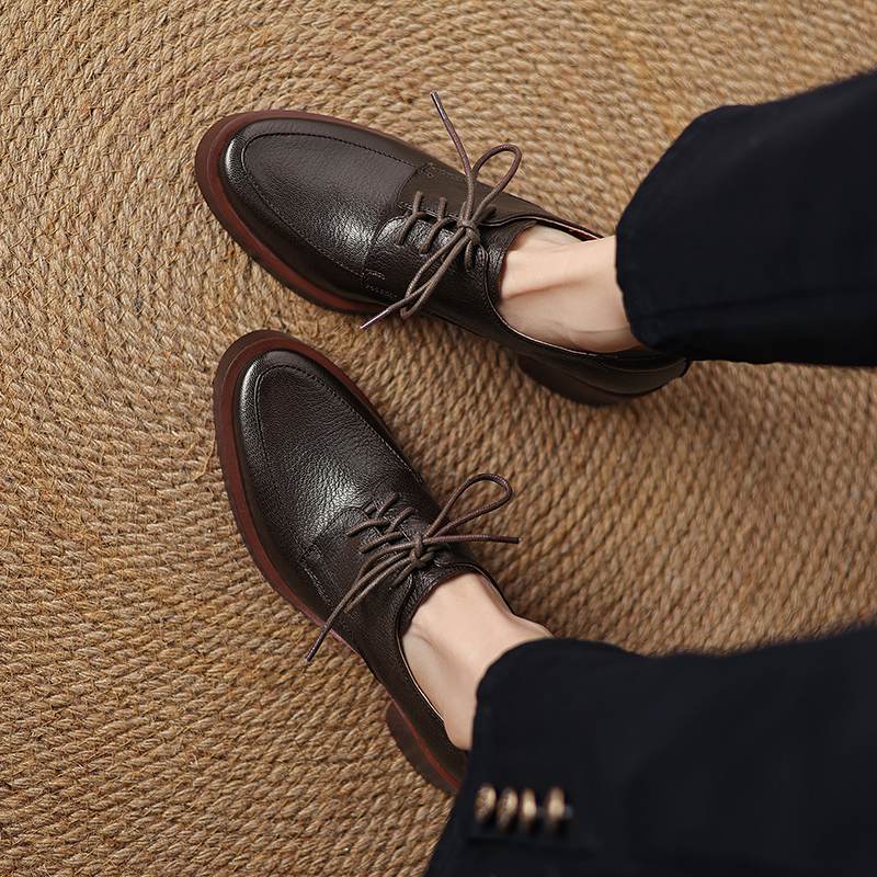 Krazing Pot Sheepskin Autumn Winter Shoes Chunky Heels Size 43 Size 42 Round Toe Lace Up Deep Mouth Retro Fashion Pumps