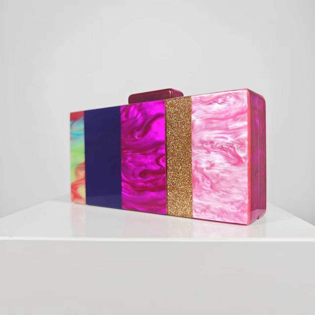 Colorful Striped Rose Red Acrylic Box Clutches Handbag Women Designer Shoulder Messenger Bag Lady Purse Personality Evening Bags