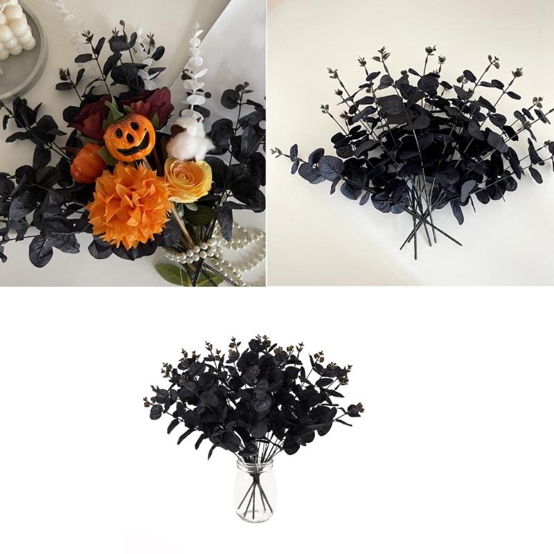 1/10/12Pcs Artificial Leaf Branch, 34cm Artificial Plant Black Leaves for Halloween Party Centerpieces, Home Decoration
