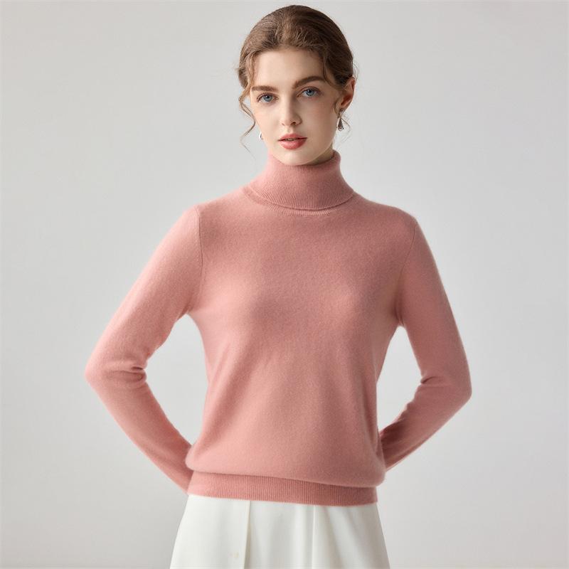 Women's High Neck Cashmere Sweater - Long Sleeve Wool Knit Solid Color Top for Autumn/Winter