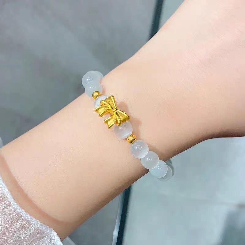 Vietnamese Gilt Brass Bow Bracelet with Cat's Eye Stone & Sand Gold Beads - Women's Elegant Jewelry