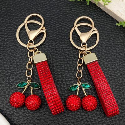 Kirsch Lanyard Schlüsselanhänger mit roten Frucht Strasssteinen und grünen Blätter Anhänger