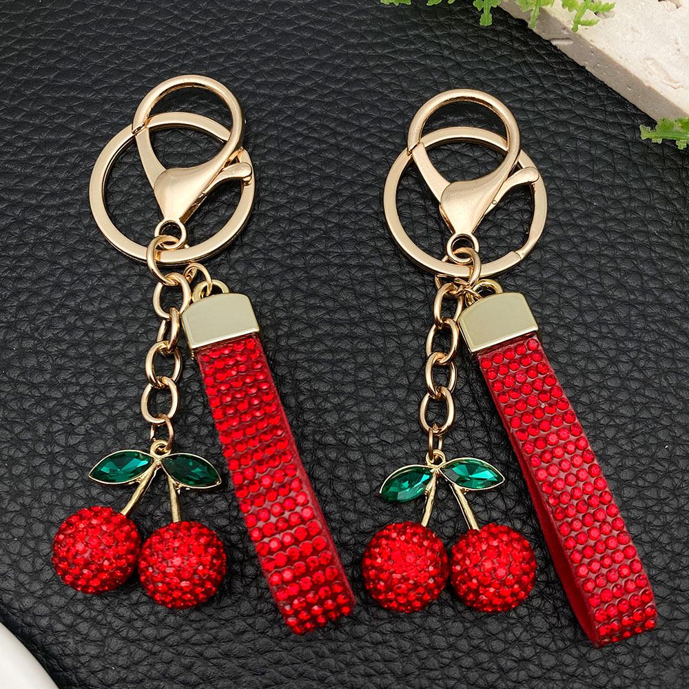 Cherry Lanyard Keychain with Red Fruit Rhinestones and Green Leaves Pendant