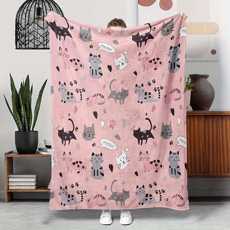 Adorable Pink Cat Pattern Blanket, Soft Flannel for Kids and Pet Lovers, Perfect for Cozy Nights and Home Decor 75X95CM