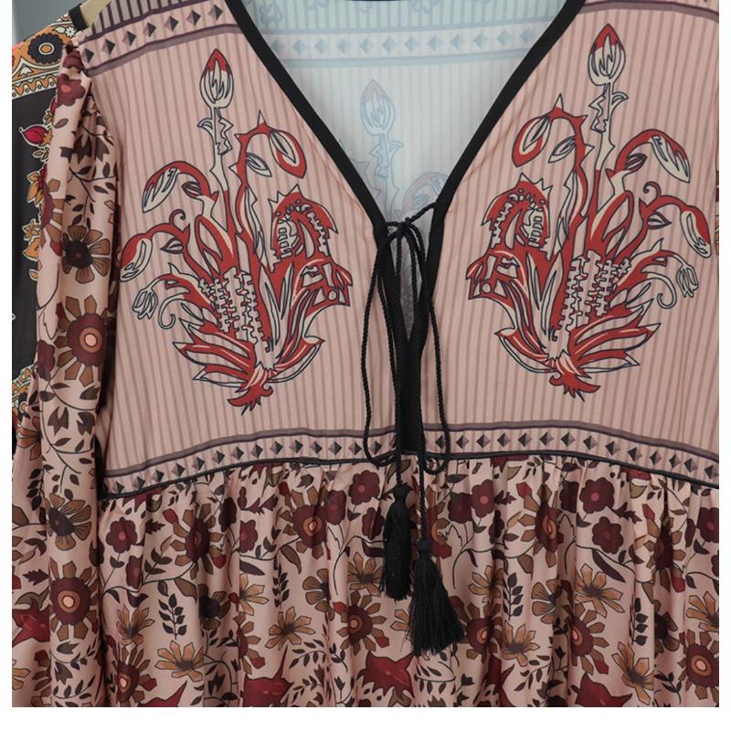 Dovolená Bohémský potisk Dlouhé šaty Jaro Podzim Retro Volné oblečení Elegantní Dlouhý rukáv Výstřih do V Šněrování Květinové Etnický styl Šaty