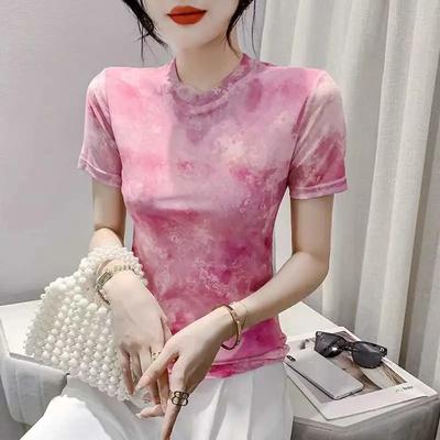 Nueva Camiseta de Malla Estampada de Manga Corta para Mujer Primavera Verano Top Elástico Moda Versátil Base