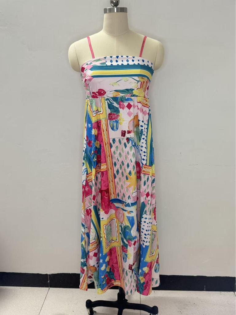 In Stock 2026: Graffiti Print Wide Hem Spaghetti Strap Dress for Women - Casual European & American Style