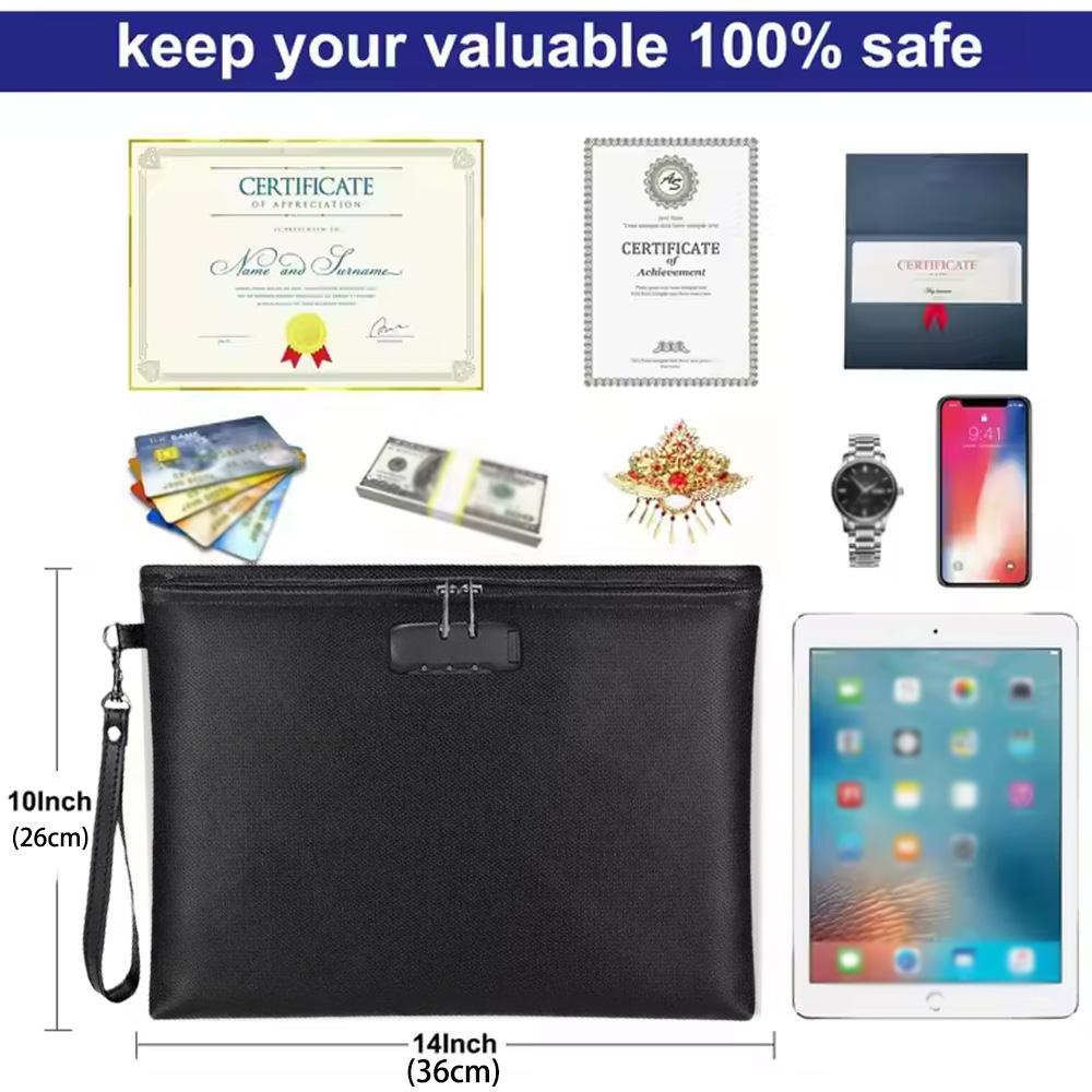 High Temperature Resistant Storage Bag Fireproof Waterproof Document Storage Bag with Combination Lock to Protect Valuables