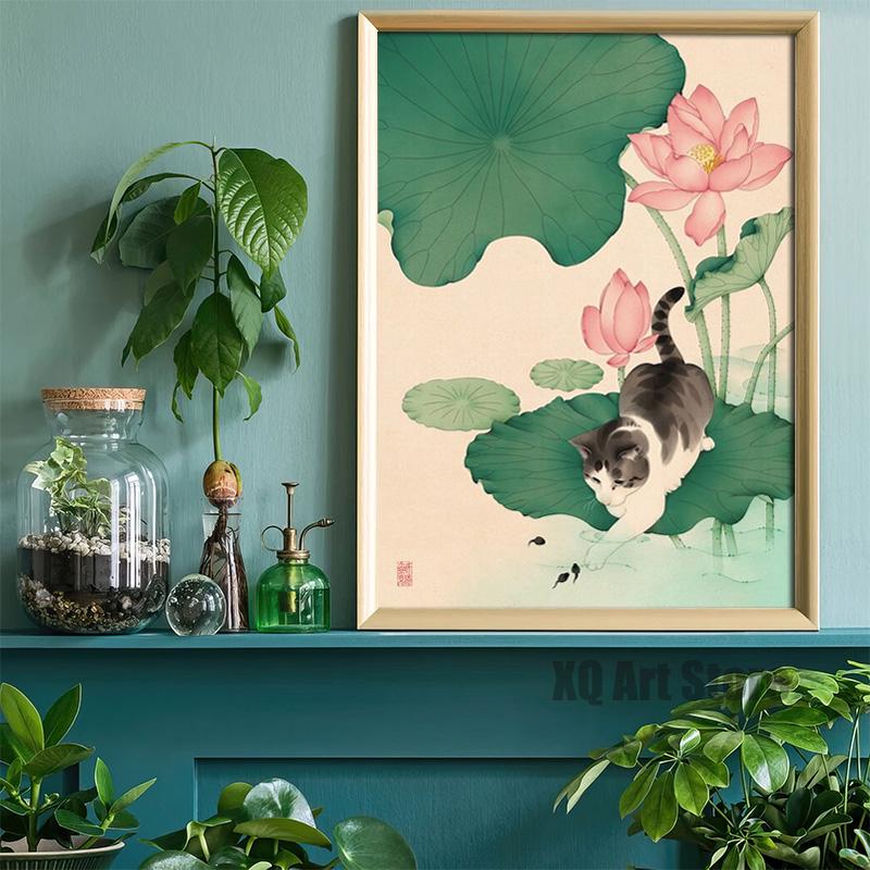 Arte de animais engraçados adoráveis, gato brincando com peixes na água, pôster, pinturas em tela, impressão, arte de parede, imagem para casa