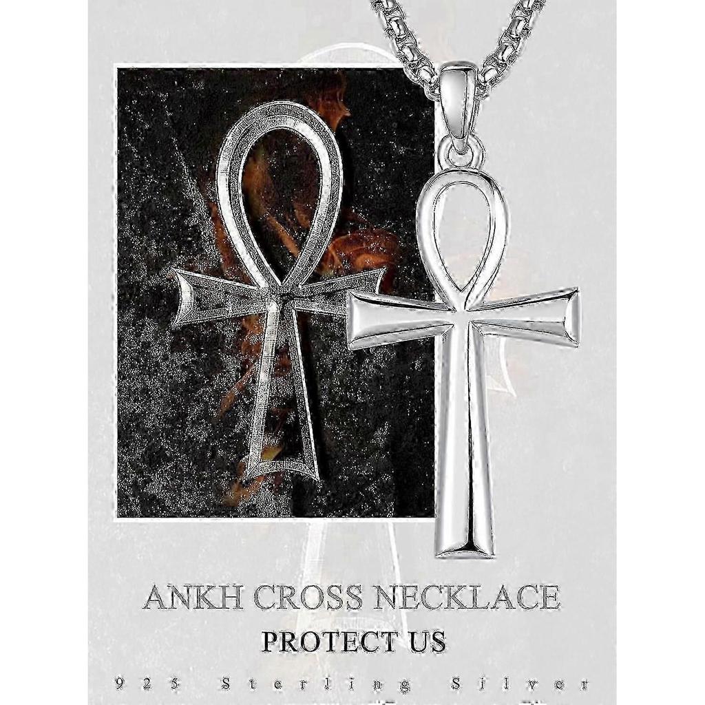 Silver 925 Coptic Egyptian Ankh Pendant Protection Jewelry for Men with Rolo Chain - Unique Gift