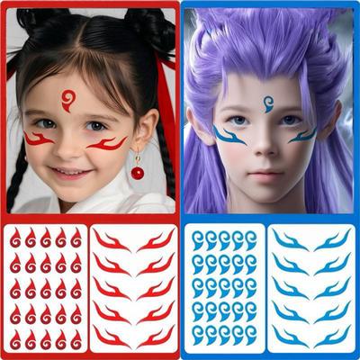 Yousheng Stirnaufkleber für Kinder Rot Blau Waschbar Wasserdicht Gesichts-Tattoos für Cosplay-Auftritte Flammenwellen-Designs Aufkleber