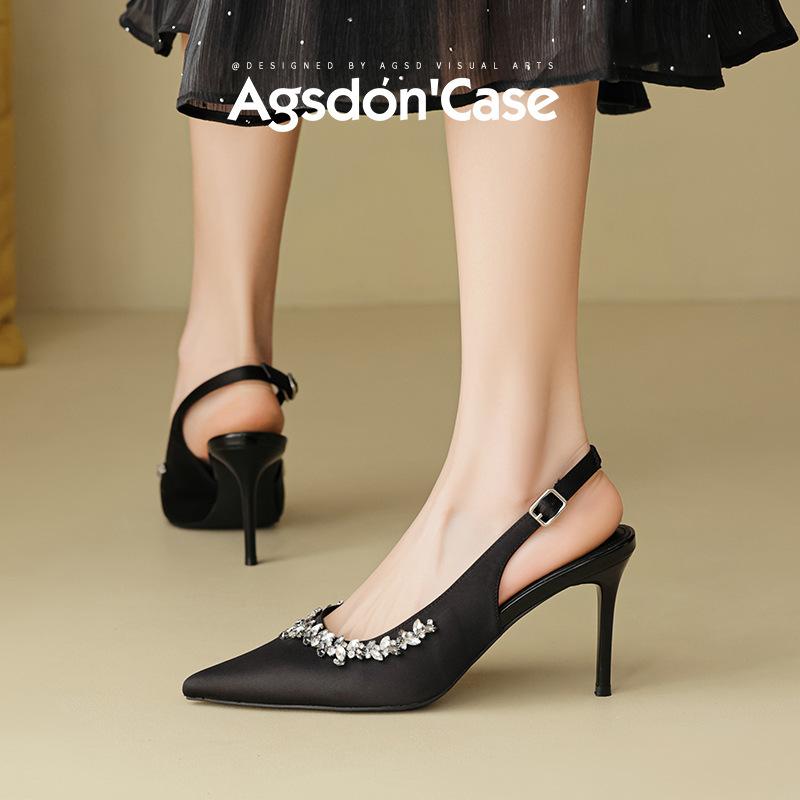 Augustine Black Fine Diamond High Heels Women's 2025 Summer New Beautiful Temperament Pointed Thin Heel Baotou Sandals