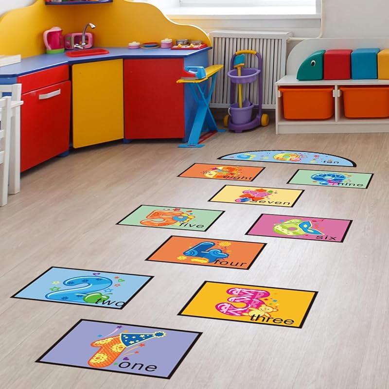 Number Lattice Floor Stickers, Creative Number Hopscotch Game Floor Decals, Removable Cartoon 1-10 Number Wall Decals for Classroom School