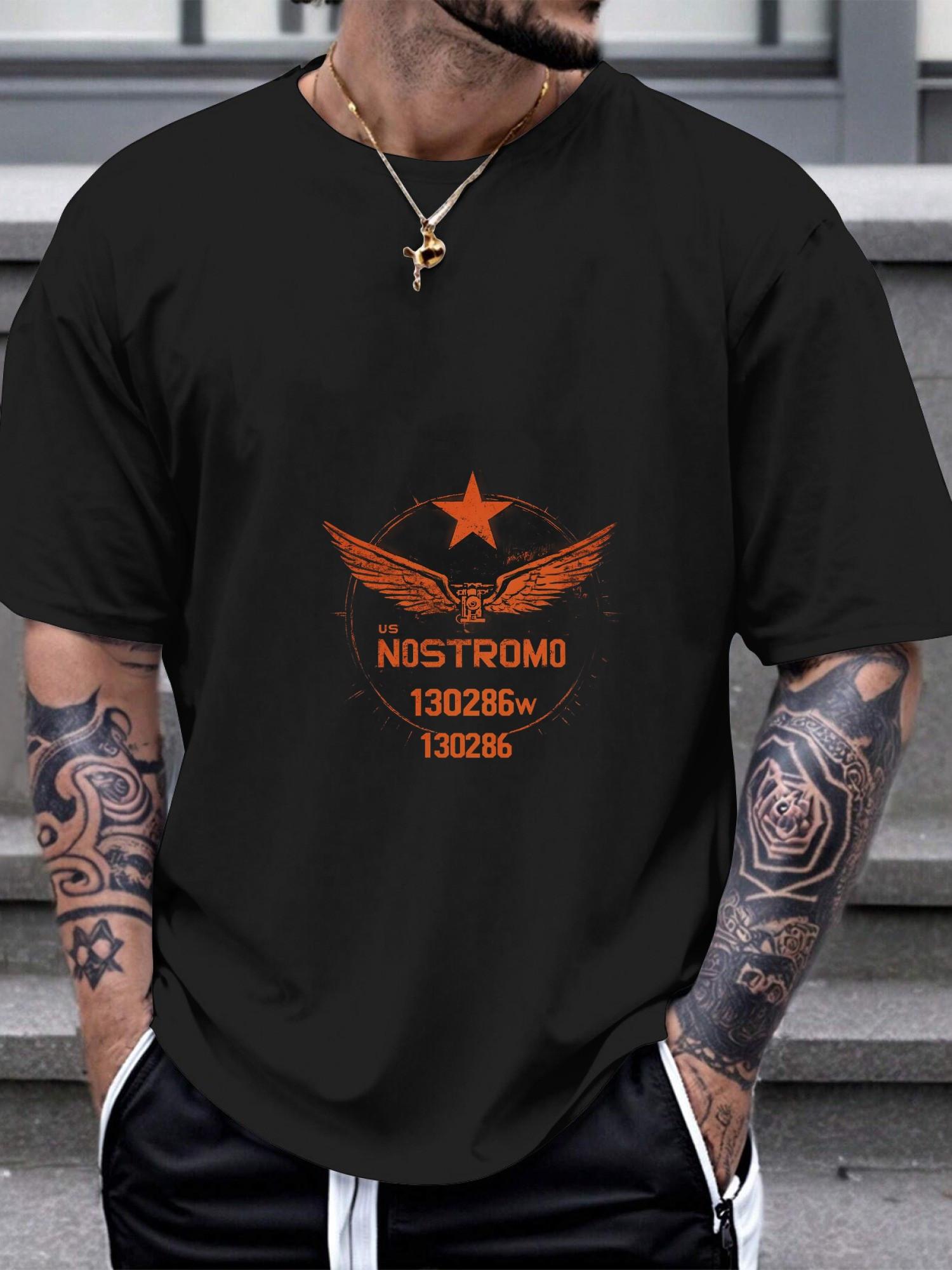 1pc Mechanical Winged Graphic T-shirt - Distressed Black 180g Cotton Crew Neck Short Sleeve XXXL
