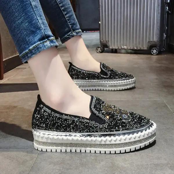 Fashion Diamond Rhinestone Loafers with Crystals Ladies Shoes High On Platform Low Slip Women Footwear Bow Canvas 39 Cotton Trends 2024