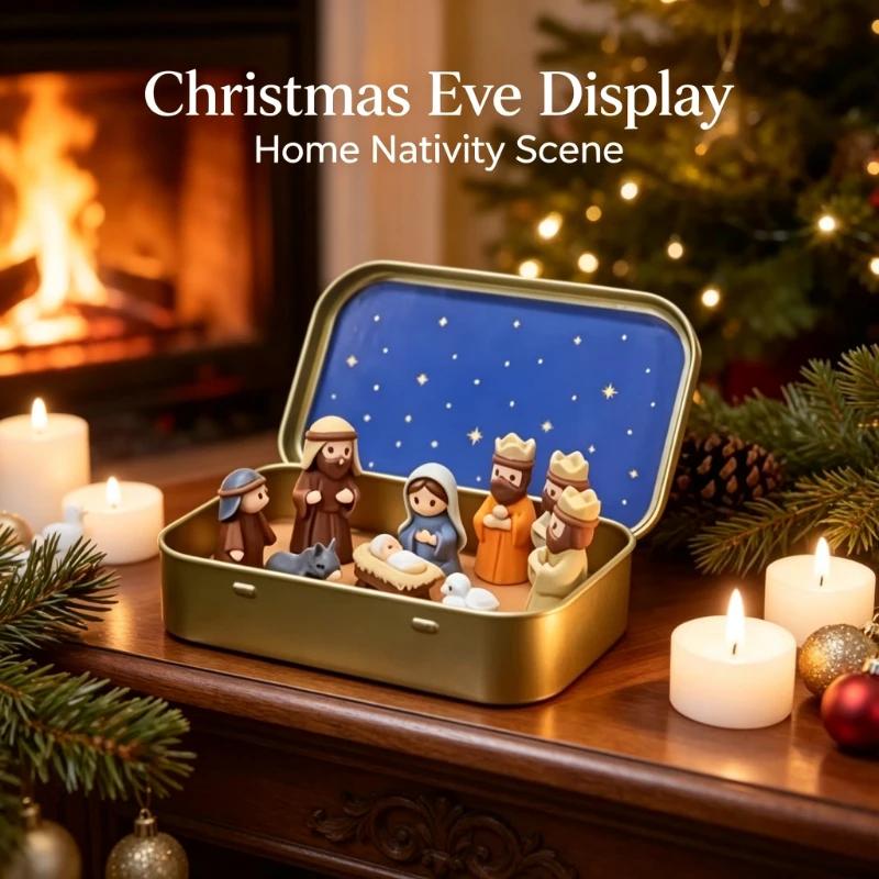 Small Xmas Nativity Manger Set Iron Box Pocket Holy Family Mary Jesus Shepherd Animal Figurines Christmas Easter Desk Decor Gift
