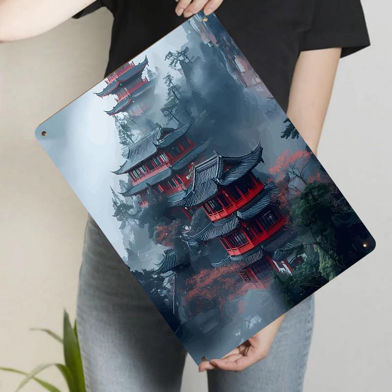 

Chinese Style Ancient Architecture Pavilion Landscape Metal Iron Painting Home Decor Wall Art 20x30cm（7.8x11.8inch）